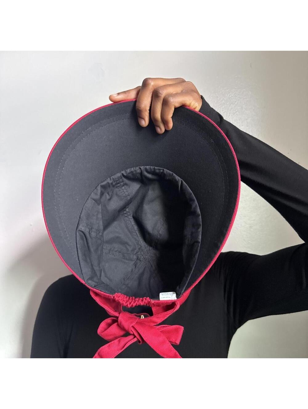 2000s Cherry Red Wide Brim Cotton Bucket Sun Hat Back Bow Fits Like One Size 24" View 5